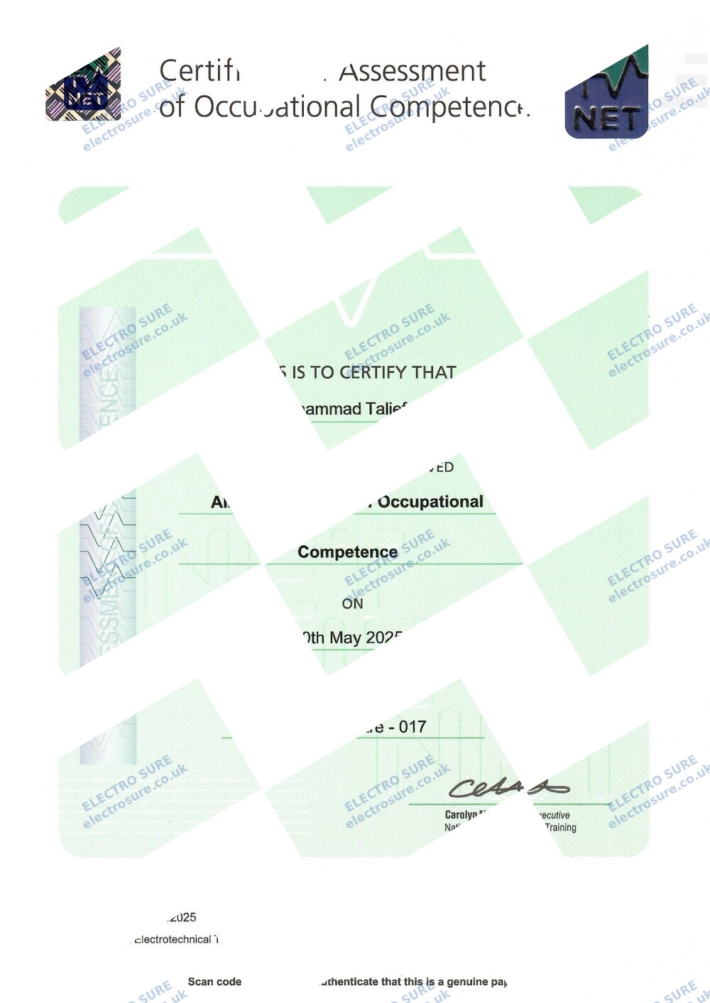 AM2 — Occupational Competence certificate (watermarked copy)