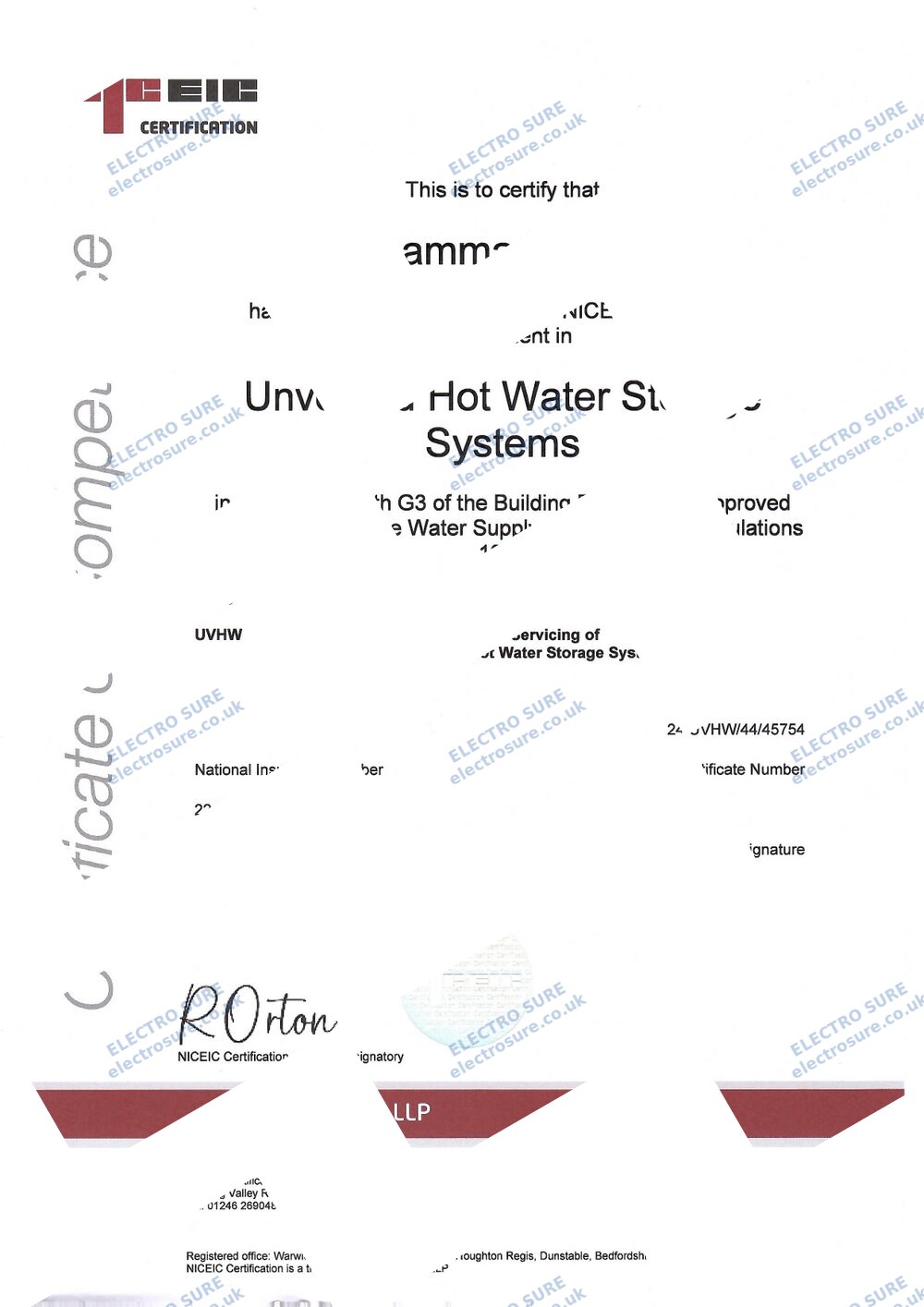 NICEIC — Unvented Hot Water (G3) certificate (watermarked copy)